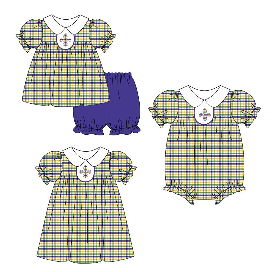 25.11.1 custom each style moq 5 eta 6-8week Sibling Sister mardi gras baby short sleeve shorts sets and romper and dress match design