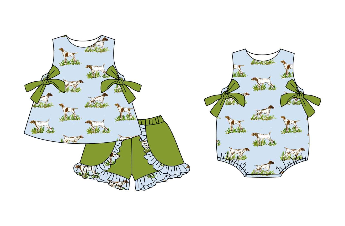 3.3 custom each style moq 5eta 4-6week Sibling Sister puppy baby girl short sleeve shorts sets and romper match design