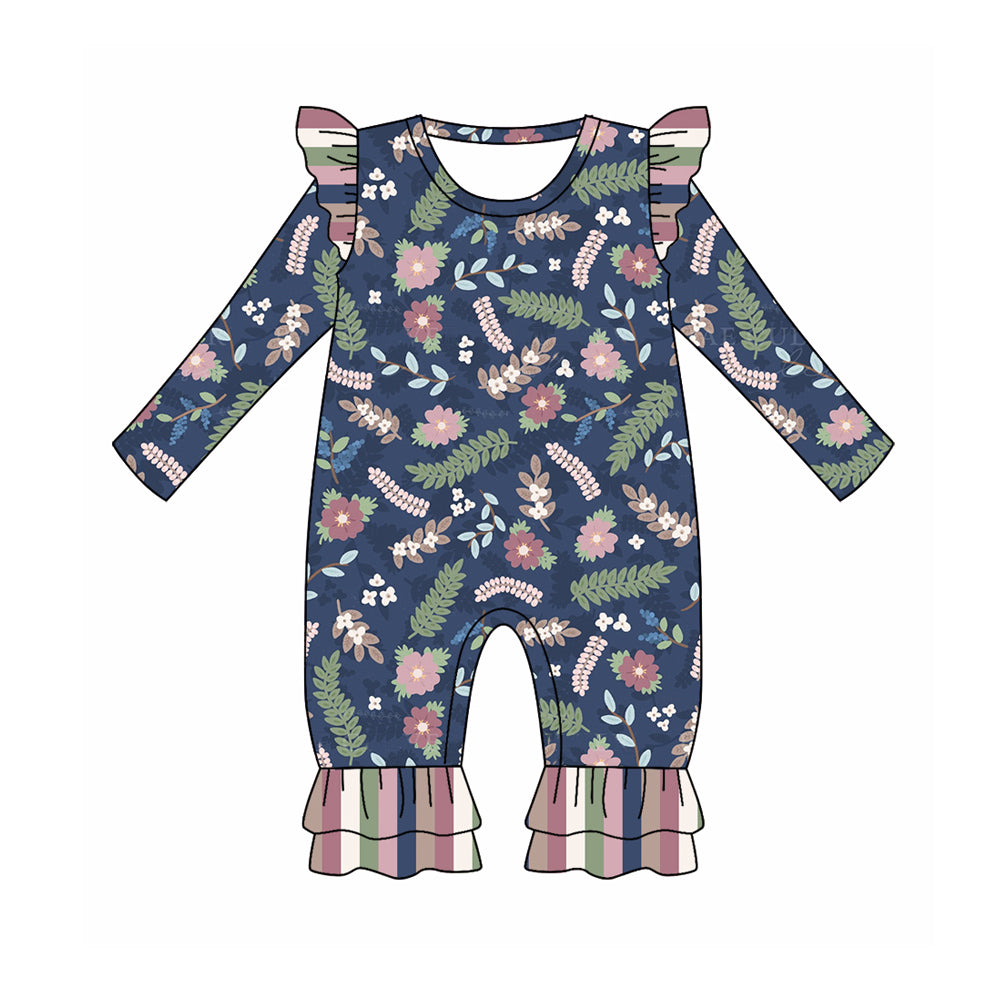 7.5 custom each style moq 5eta 4-6week Sibling Sister floral navy blue baby girls sets and dress and rompers match family design