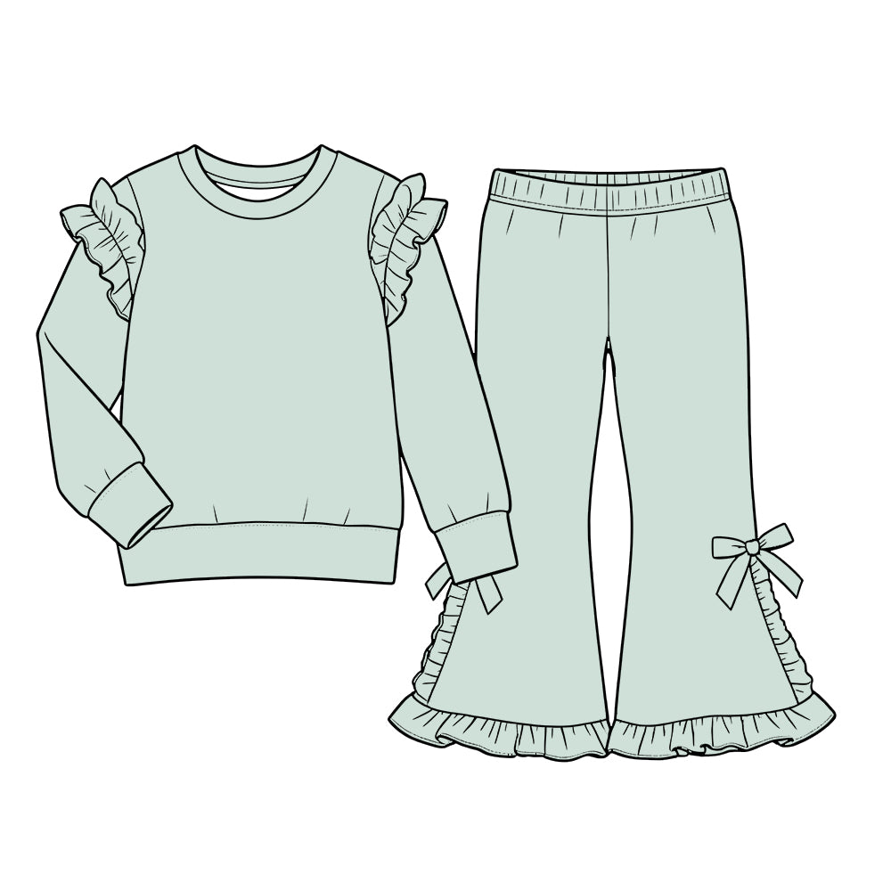 Custom moq 5 cotton fabric girls ruffle sets solid color blank Light Green Lace-Trimmed Long-Sleeve Sweatshirt and Side-Bow Flared Pants Set