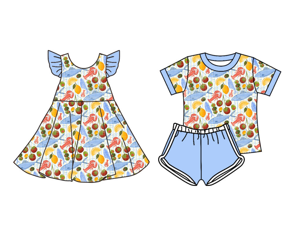25.11.11 custom each style moq 5 eta 6-8week Sibling Sister lobster baby girl short sleeve shorts sets and dress match design