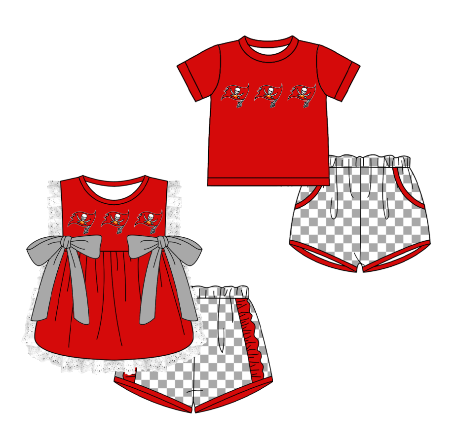 Custom moq 5 mix size milk silk summer teams Red Girl Sleeveless Top And Plaid Shorts Set with Bow Boy Short Sleeved Top And Plaid Shorts Set