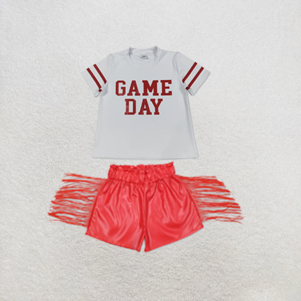RTS NO MOQ Sibling yoga fabric Baby Girls Vinyl Red Game Day Print Top Matching Shorts Two Piece Team Active Clothes Set