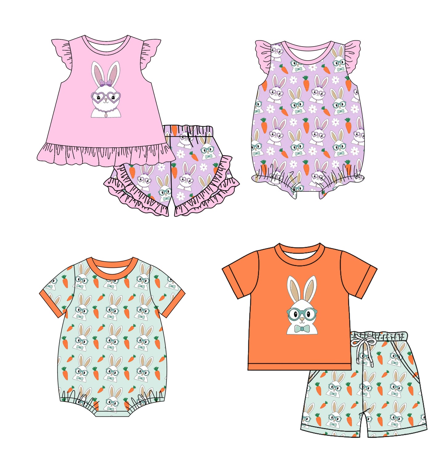25.12.5 custom each style moq 5 eta 6-8week Sibling Sister bunny baby short sleeve shorts sets 2 and romper 2 match design