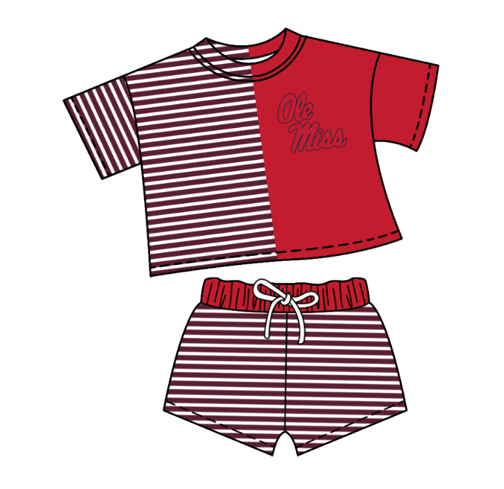 Custom moq 5 mix size milk silk summer teams Children's Red Striped Outfit Set Short-Sleeved Crew Neck Top And Drawstring Shorts for Kids