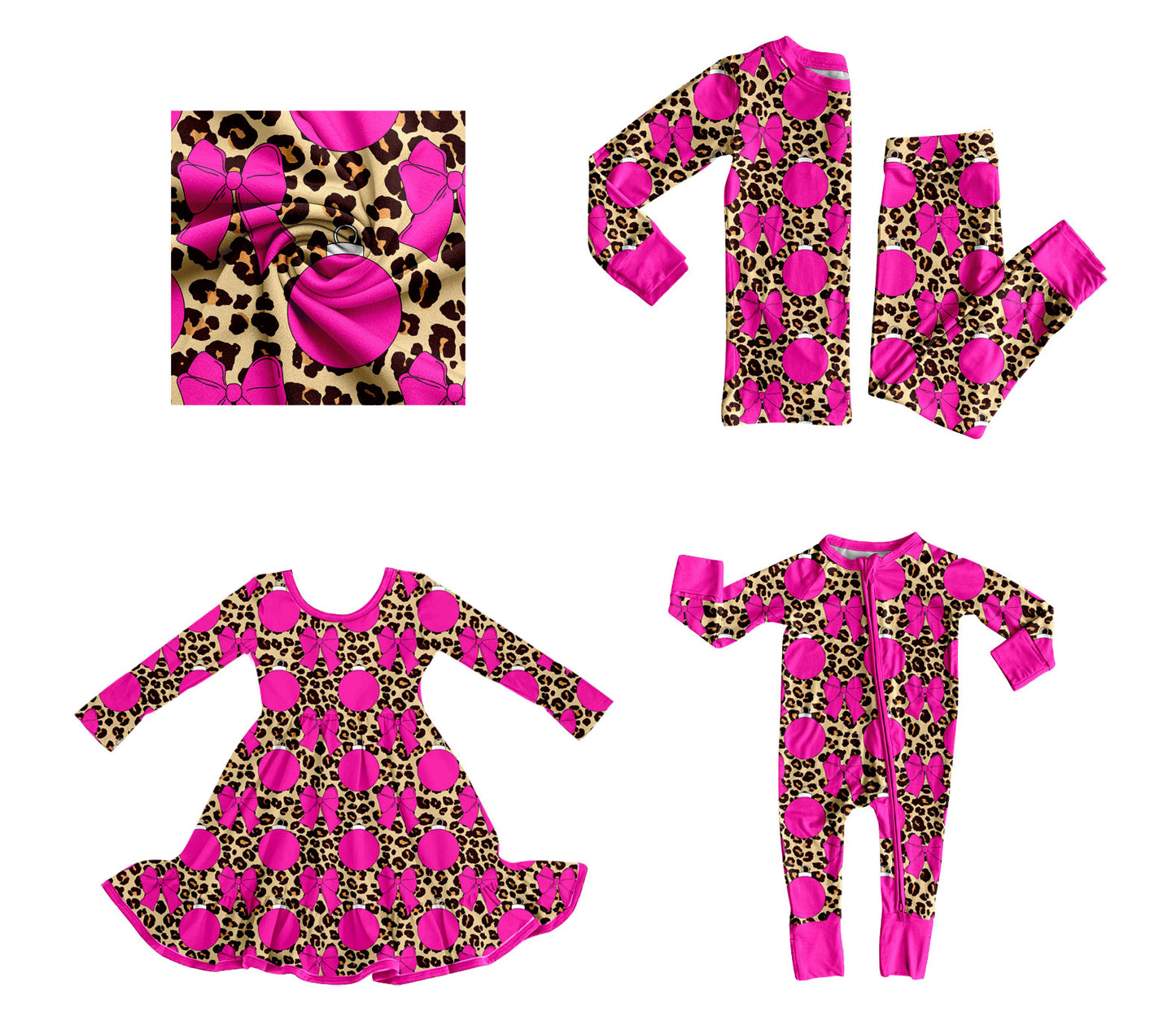 25.8.22 custom each style moq 5eta 4-6week Sibling Sisters bow leopard baby girl long sleeve pants sets and dress and rompers match family design