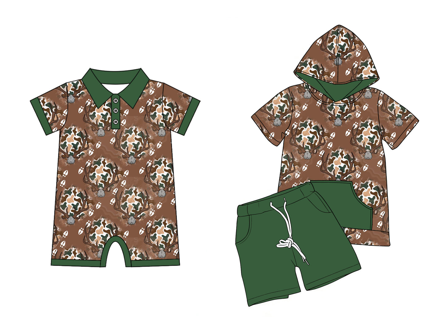 3.30 Custom moq 5 mix size Sibling Baby Boys Romper Short-Sleeved Hoodie Top And Green Shorts Set Summer Outfit