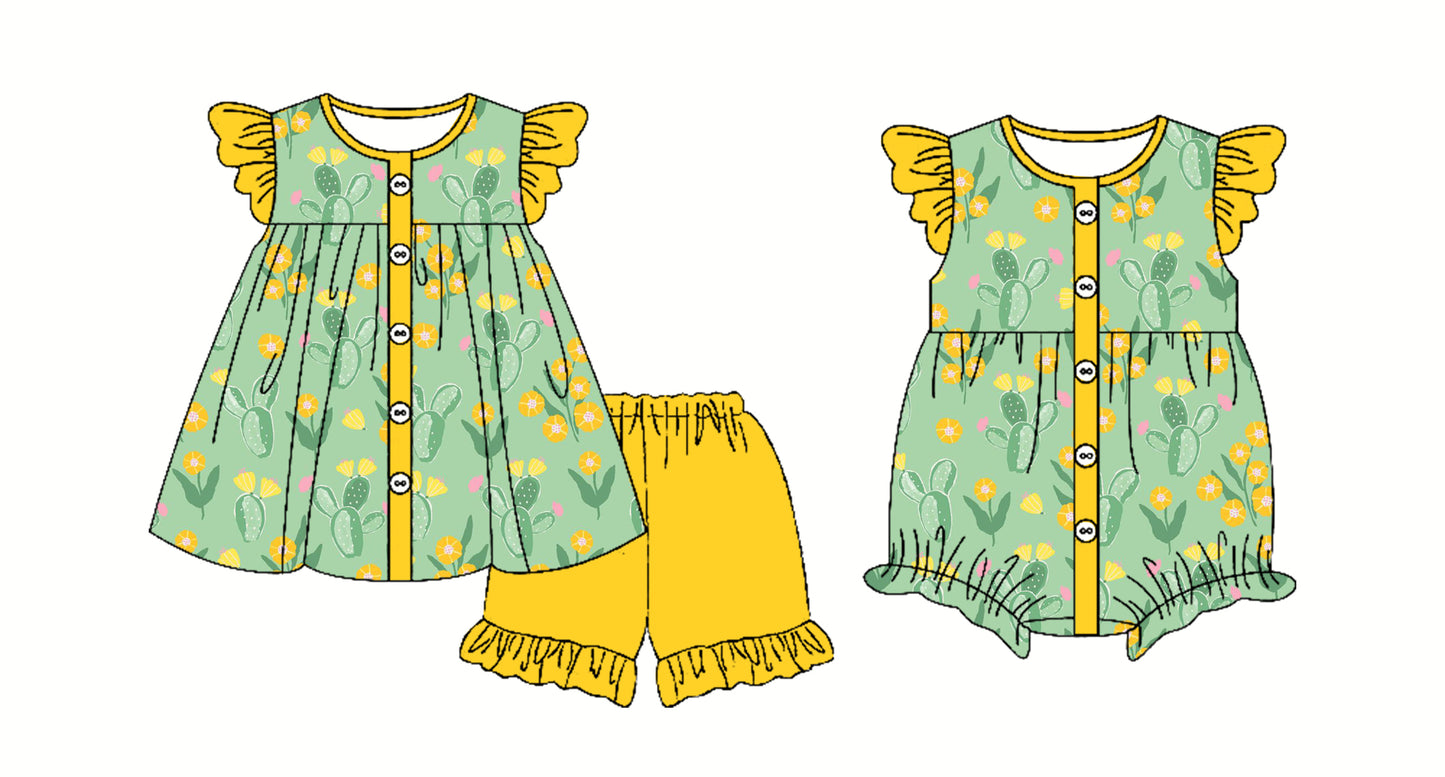 3.1 custom each style moq 5eta 4-6week Sibling Sister lemon baby girl short sleeve shorts sets and romper match design