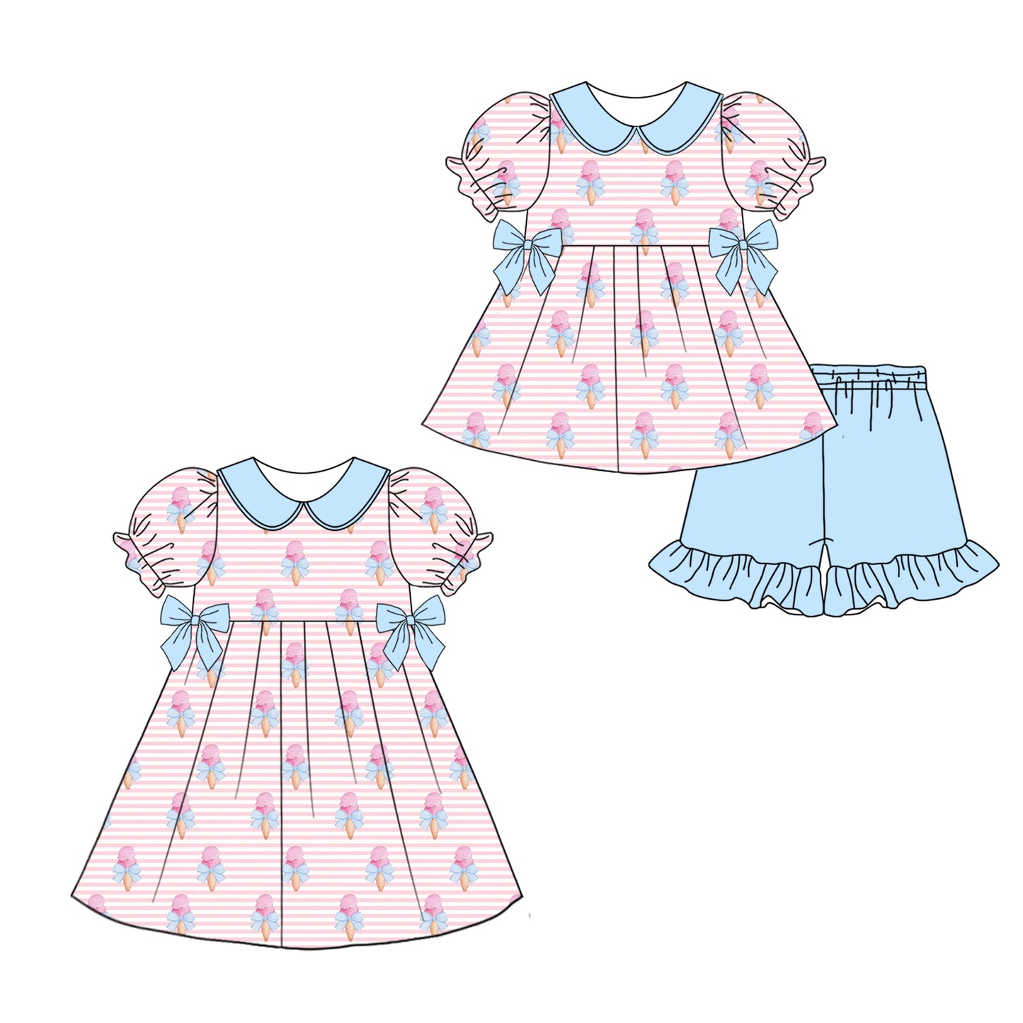12.26 custom each style moq 5eta 4-6week Sibling Sister ice cream baby girl short sleeve shorts sets and dresses match design