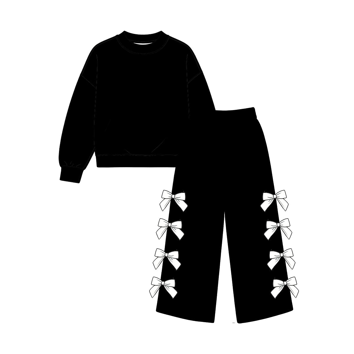 custom moq 5 mix size Baby Girls Black Long Sleeve Pullover Top And White Bow Wide Leg Trouser Outfit