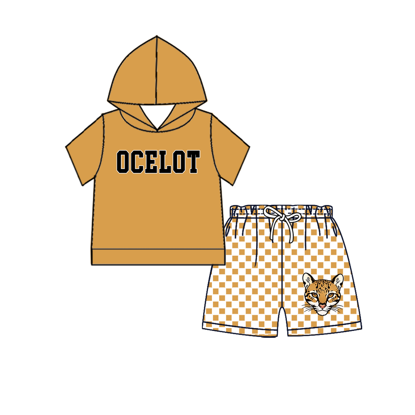 custom moq 5 mix size MSD071006 Baby Kids Short Sleeve Hooded Top Checked Elastic Waist Shorts Team Clothes Set
