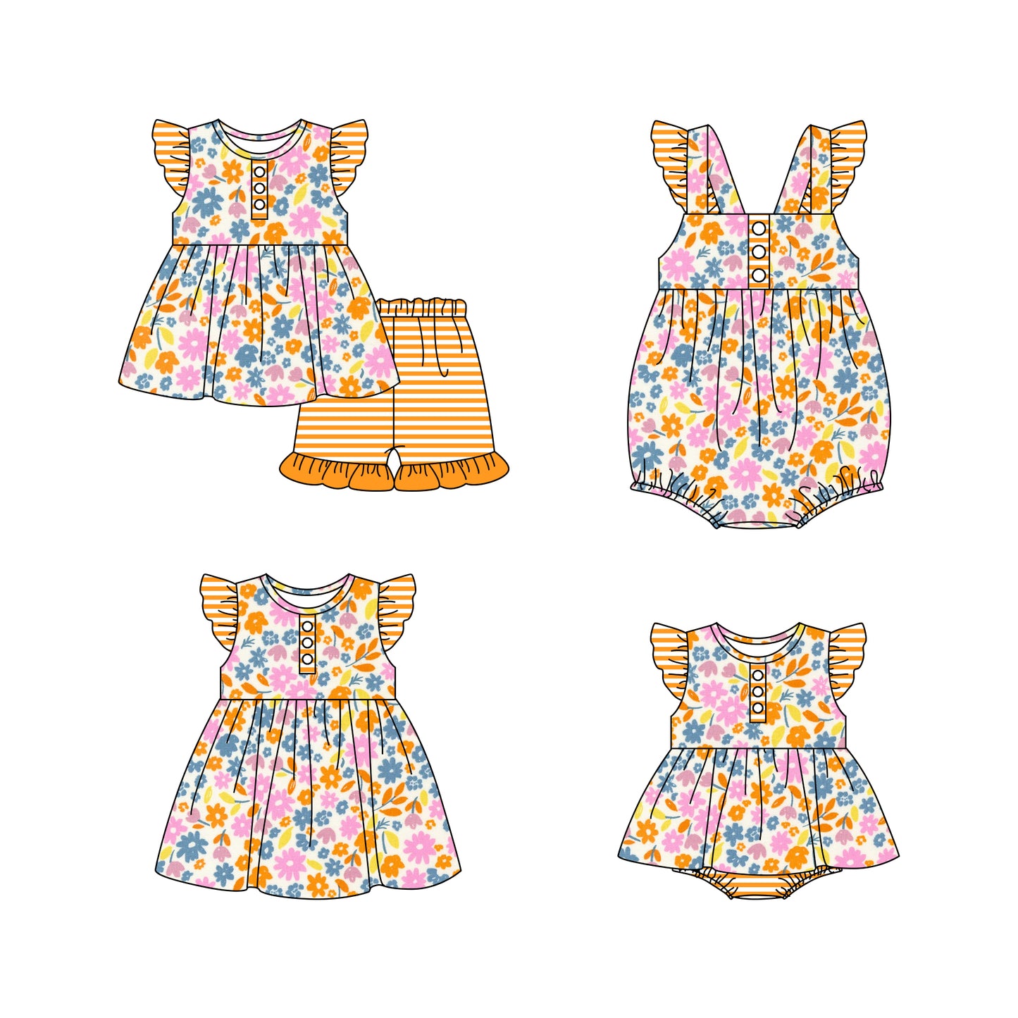 11.16 custom each style moq 5eta 4-6week Sibling Sister floral baby girl short sleeve shorts sets and girls romper and boy romper and dress match design