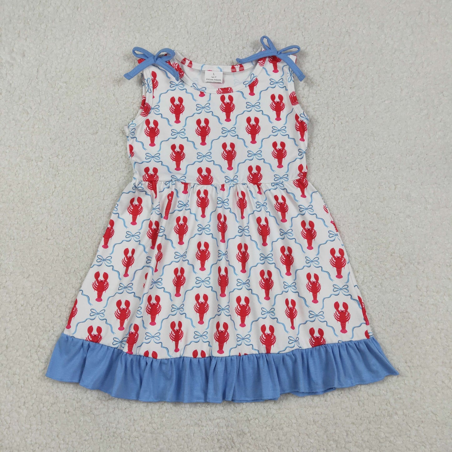RTS NO MOQ(In Stock ) GSD3389 Lobster Blue Bow Pattern Plaid Lace Sleeveless Dress