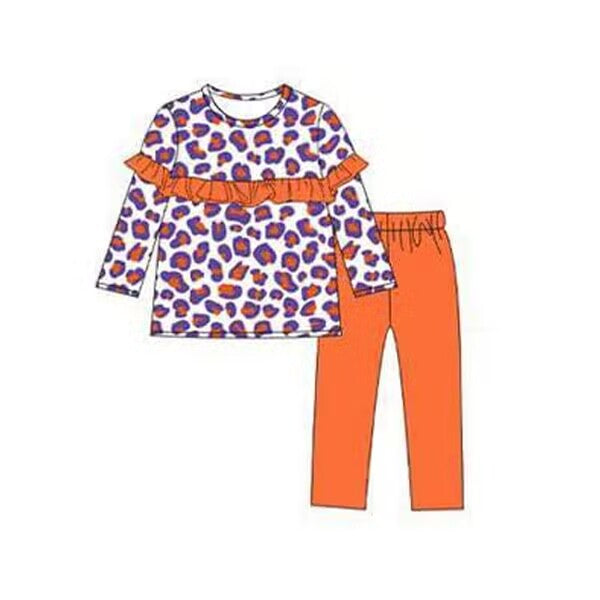 custom moq 3 eta 4/6 weeks baby girls clothes purple leopard orange toddler summer outfit