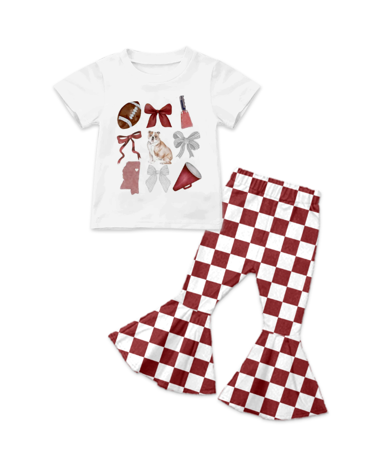 Custom summer teams baby girl clothes rugby puppy bow brick red plaid short sleeve pants sets-25.8.13