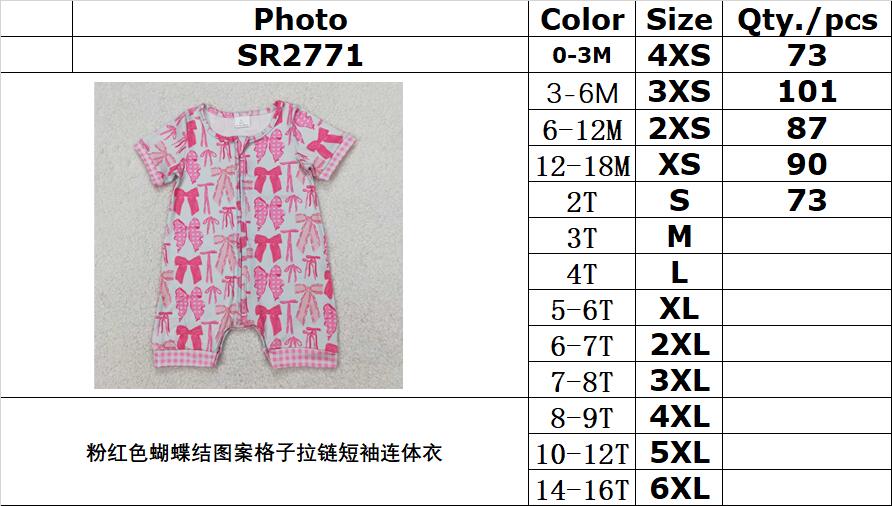 RTS NO MOQ ETA 5/7days arrived SR2771 Pink bow pattern plaid zipper short sleeve jumpsuit