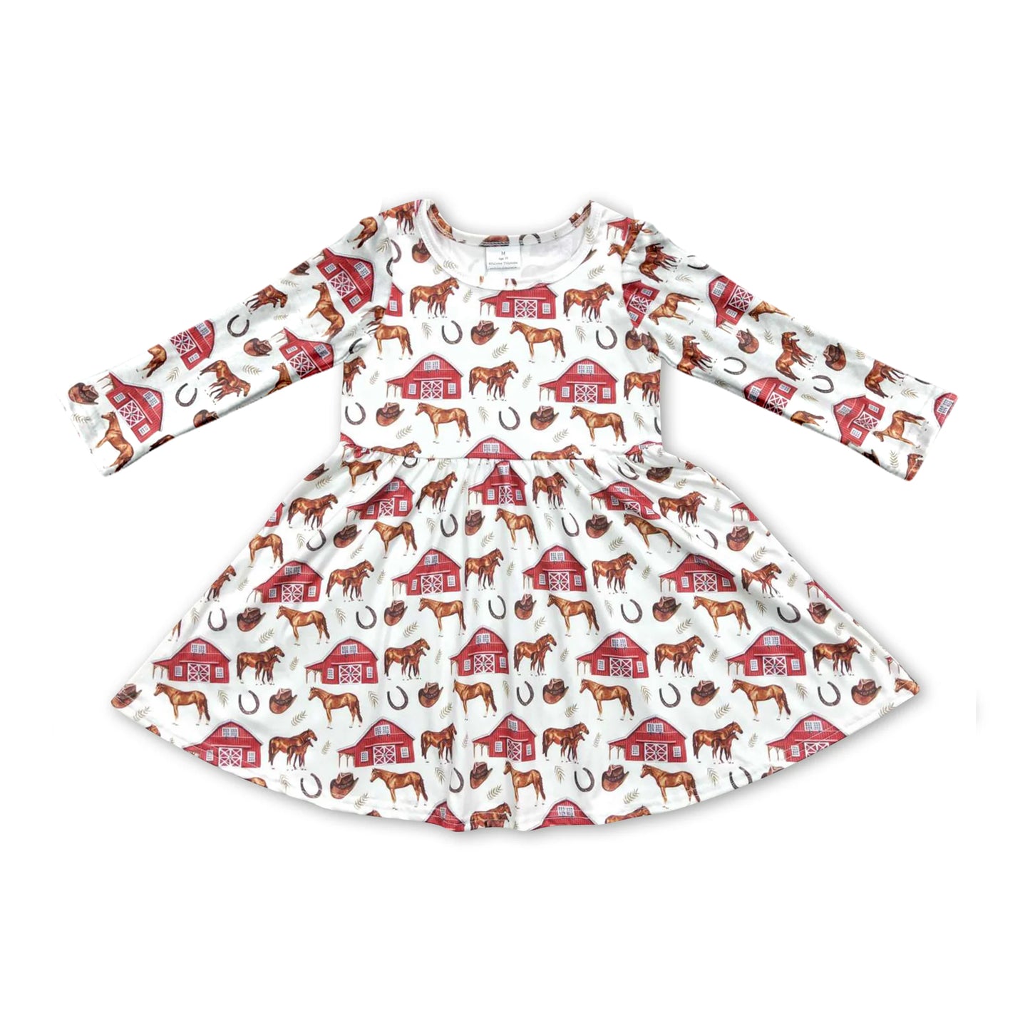Deadline November 30 custom no moq eta 6-8weeks Baby Girls Red House-Horse Print White Long Sleeve Dress