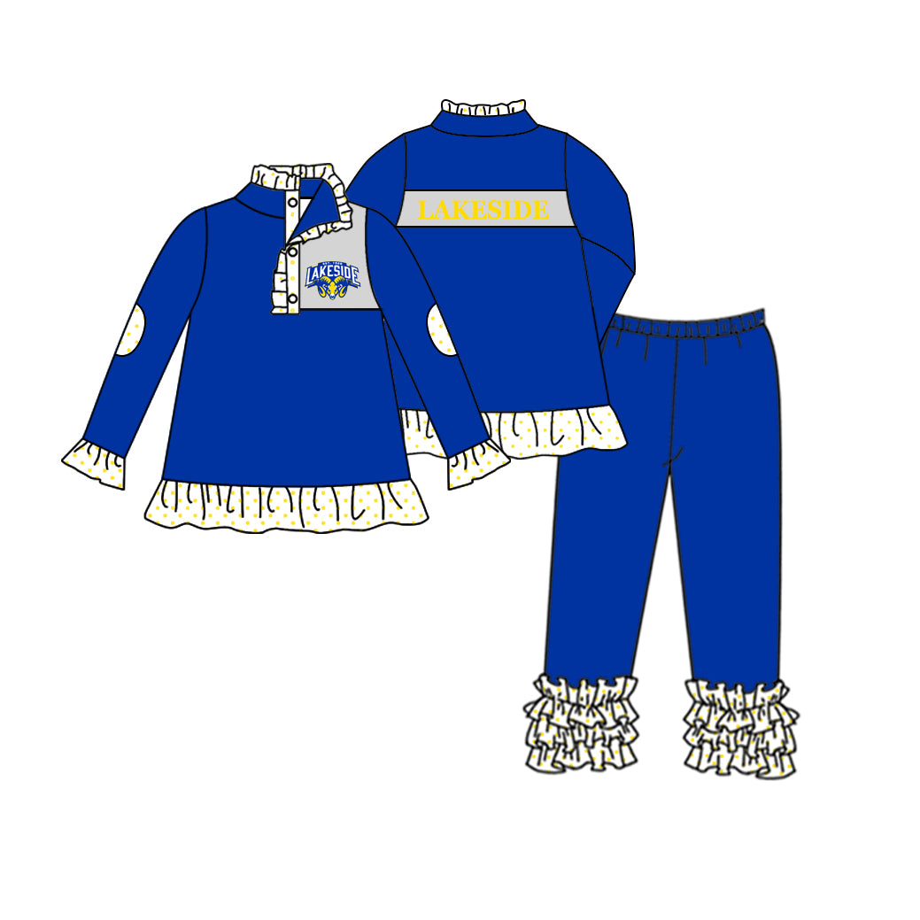 Deadline September 8 custom no moq eta 6-8weeks Long pullover suit with animal letter lace cuffs and blue buttons
