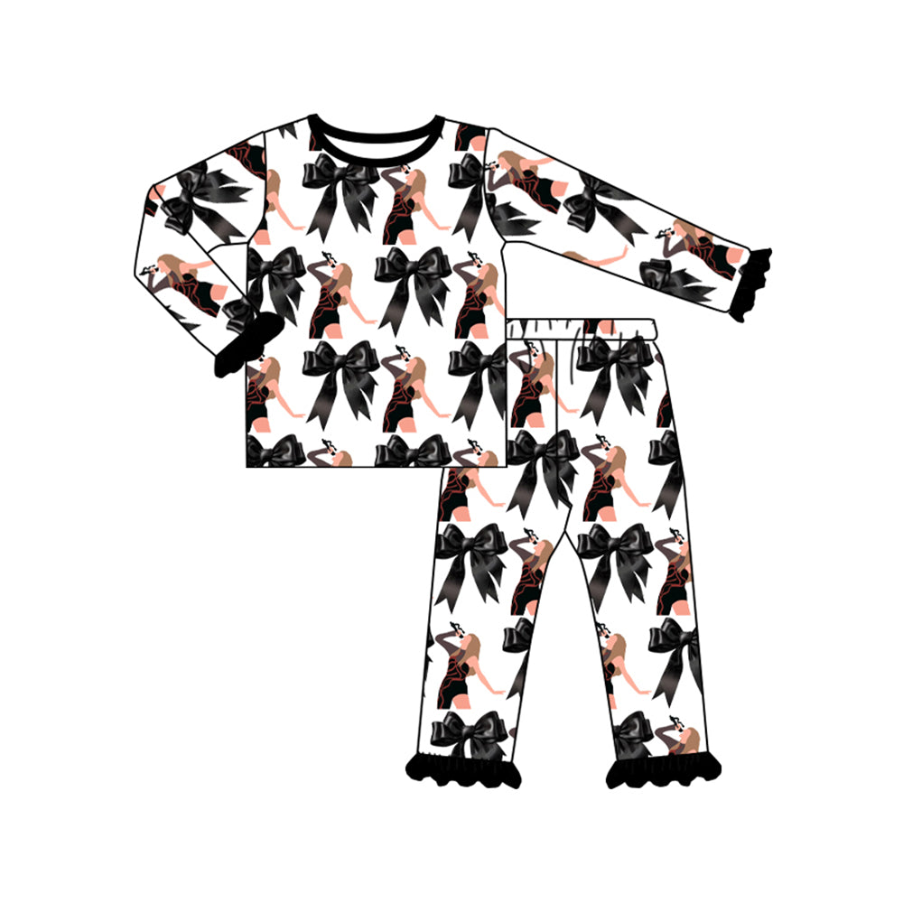 Deadline August 14 custom no moq eta 6-7weeks Black Bow Long Sleeve Long Pants Pajama Set