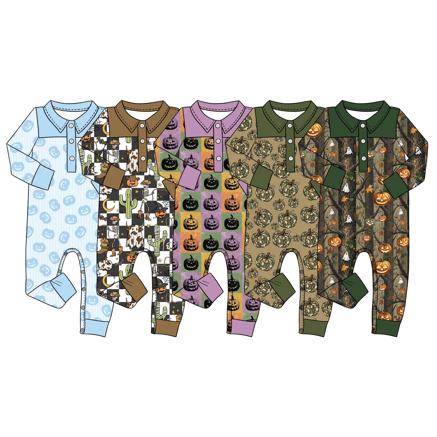 4.15 Custom moq 5 mix size Sibling Baby Boy's Long-Sleeved Button-Down Halloween Pumpkin Romper Cute Fall Outfit for Infants
