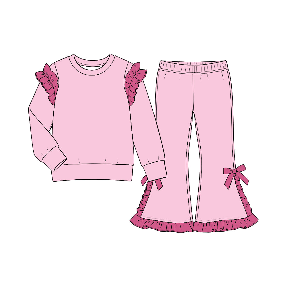 custom moq 5 mix size Baby Girls Light Pink and Fuchsia Solid Ruffle Shoulder Sweatshirt And Ruffle Hem Bow Flare Pant Set