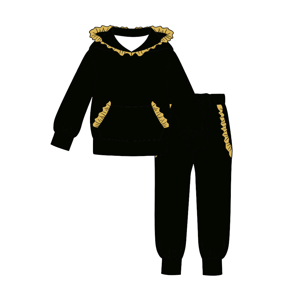 custom moq 5 mix size cotton fabric for girls hoodie sets Black and yellow cotton long-sleeve top and trousers set blank offer custom logo