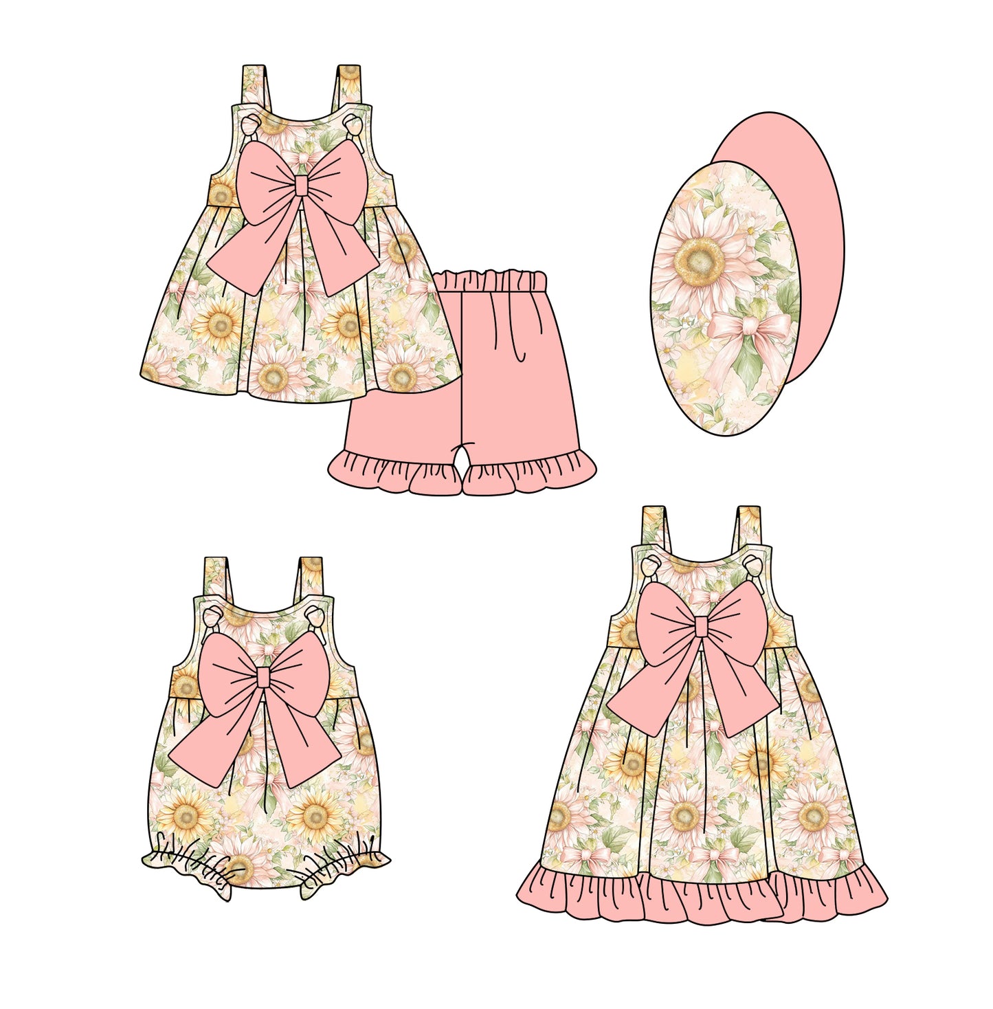 2.22 custom each style moq 5eta 4-6week Sibling Sisters floral baby girl short sleeve shorts sets and dress and rompers match family design
