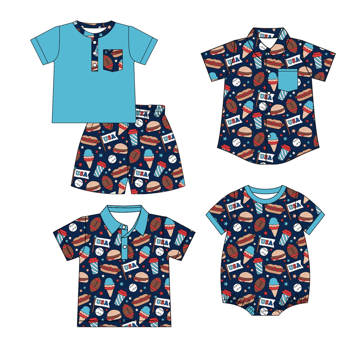 26.1.24 custom each style moq 5 eta 6-8 week Sibling Sister USA baby boy short sleeve shorts sets and top 2 and romper match family design