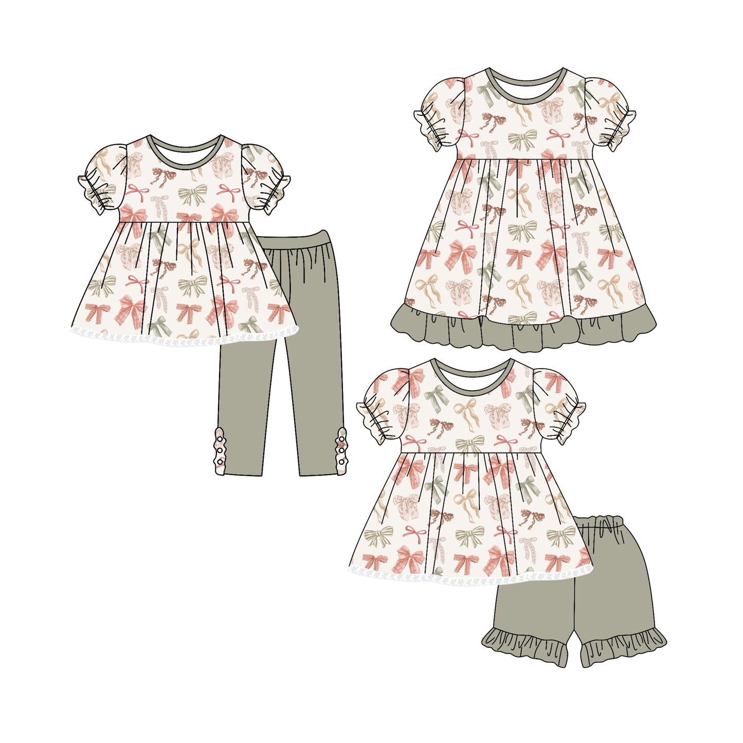 4.26 custom each style moq 5eta 4-6week Sibling Sisters bow baby girl short sleeve shorts sets and pants sets and dress match family design