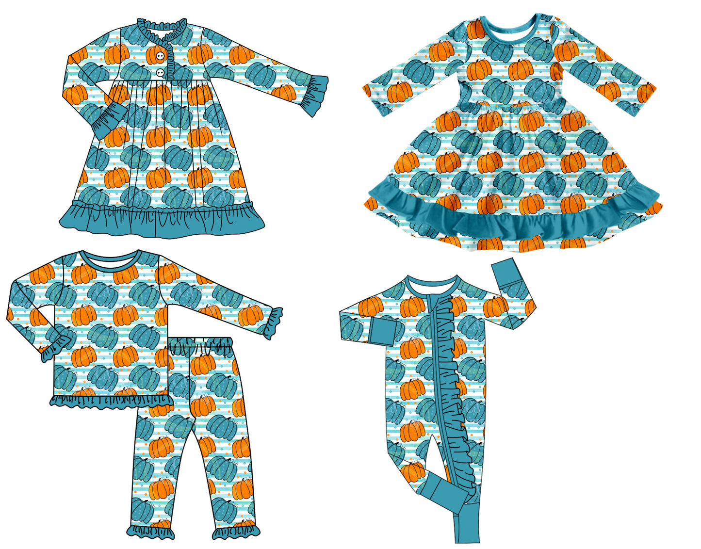 25.8.13 custom each style moq 5 eta 4-6week Sibling Sisters pumpkin baby girl long sleeve pants sets and romper and dress 1 and dress 2 match family design