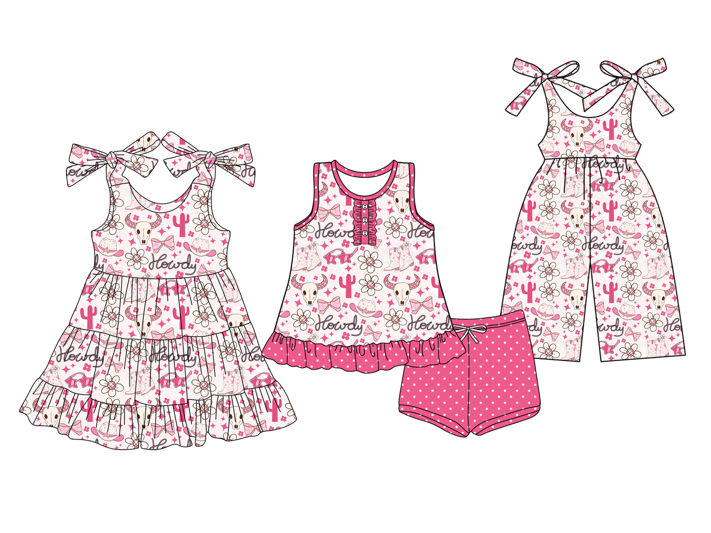 25.6.4 custom each style moq 5eta 4-6week Sibling Sister cow head floral bow pink baby girl short sleeve shorts sets and dresses and jumpsuit match design