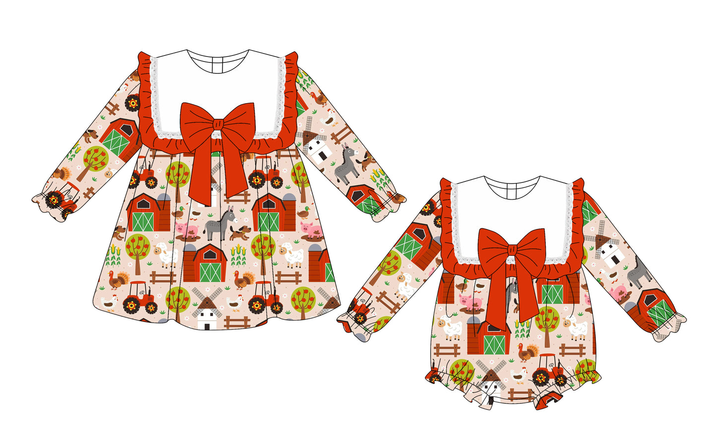 25.10.2 custom each style moq 8 eta 6-8week Sibling Sisters farm animal baby girl long sleeve dress and rompers match family design