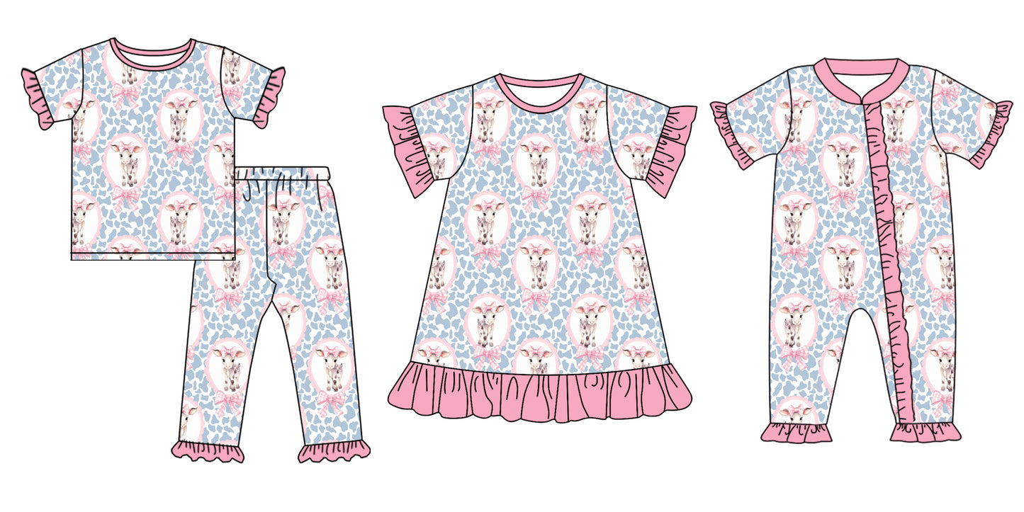 11.27 custom each style moq 5eta 4-6week Sibling Sister cow bow floral baby girl sets and dress and rompers match family design
