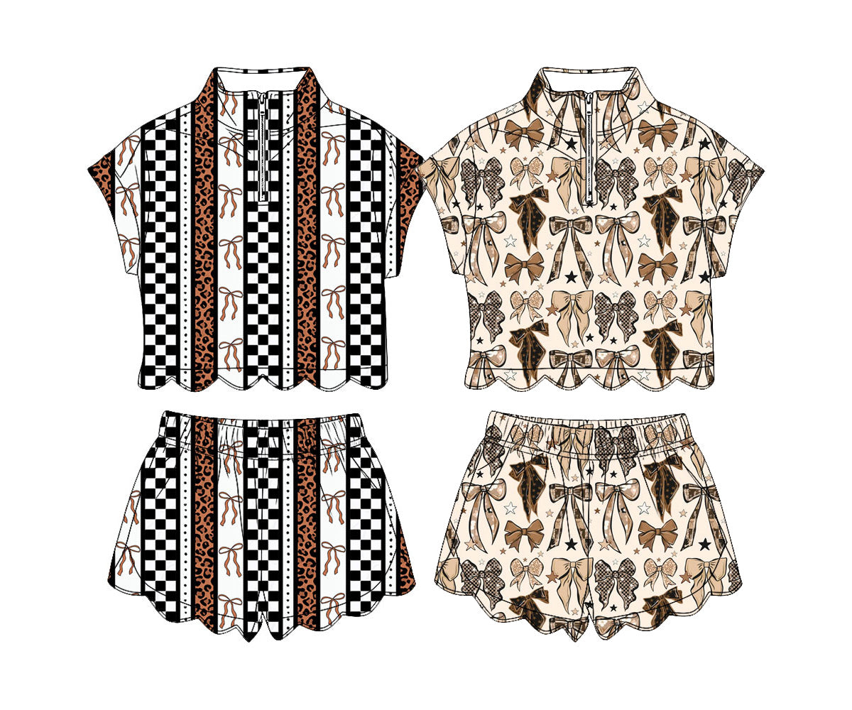 3.28 Custom moq 5 mix size Sibling Baby Girls Bows Zipper Top Short Scallop Hunting Clothes Sets