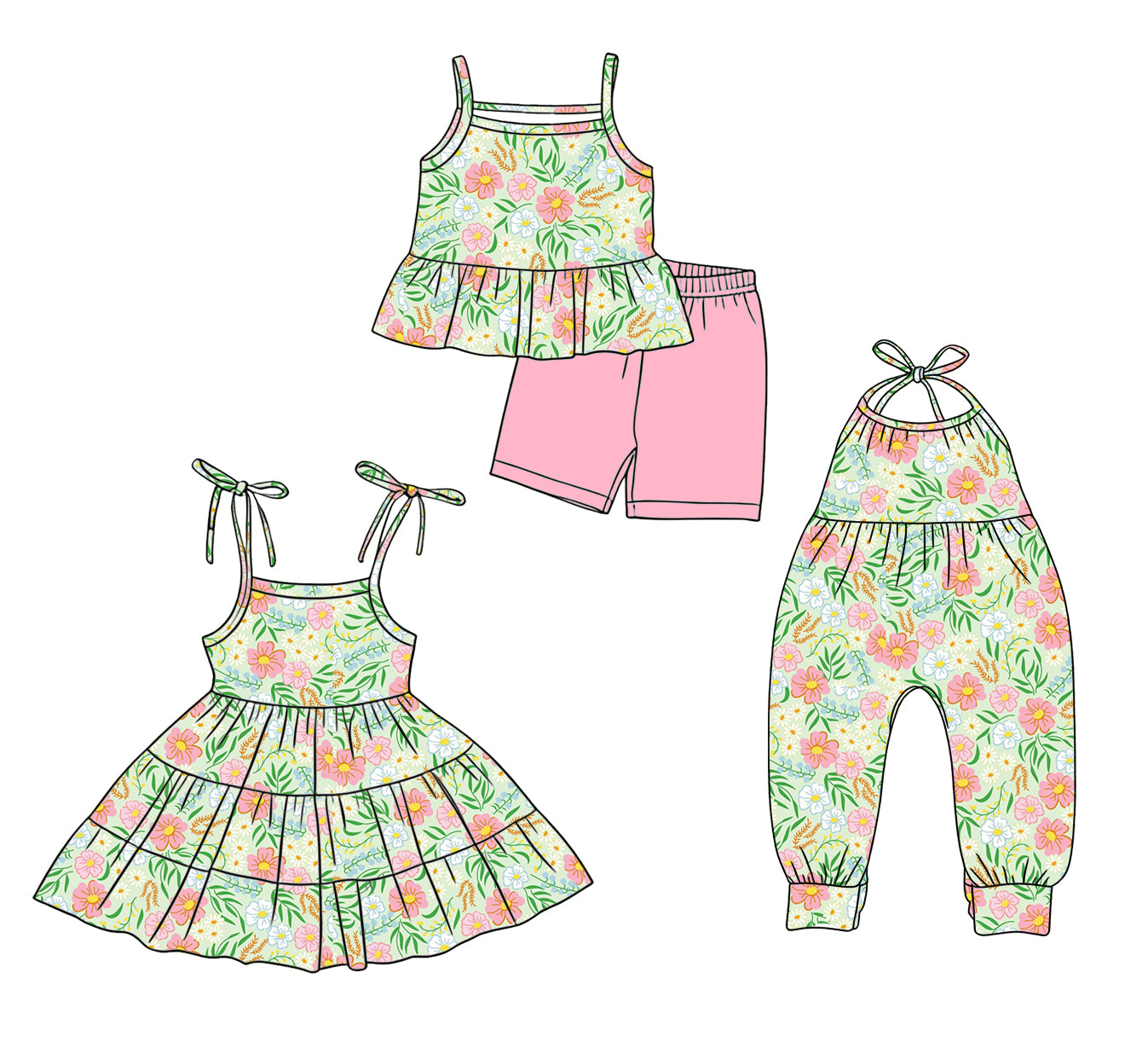 Custom moq 5 mix size Sibling Baby Girl Sleeveless Top And Shorts Set Dress Jumpsuit Comfortable Floral print Outfit for Summer