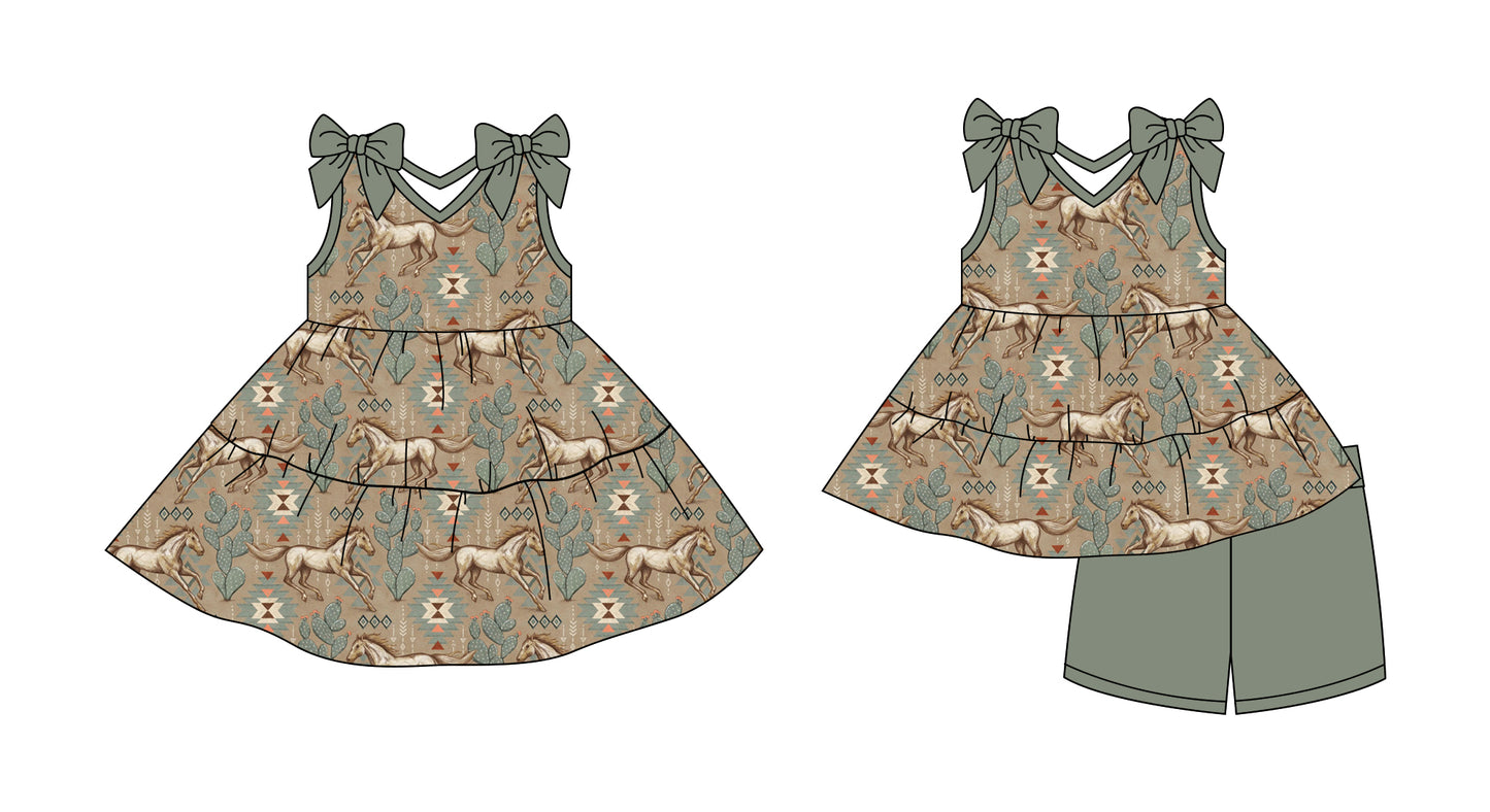 3.1 custom each style moq 5eta 4-6week Sibling Sister horse floral baby girl short sleeve shorts sets and dresses match design