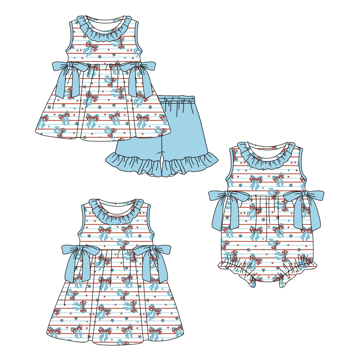 26.1.23 custom each style moq 5 eta 6-8week Sibling Sister bow baby short sleeve shorts sets and romper and dress match design