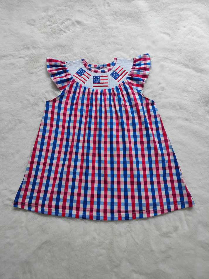 Baby Girls 4th Of July Smocked Gingham Dresses Rompers smock july 4th RTS