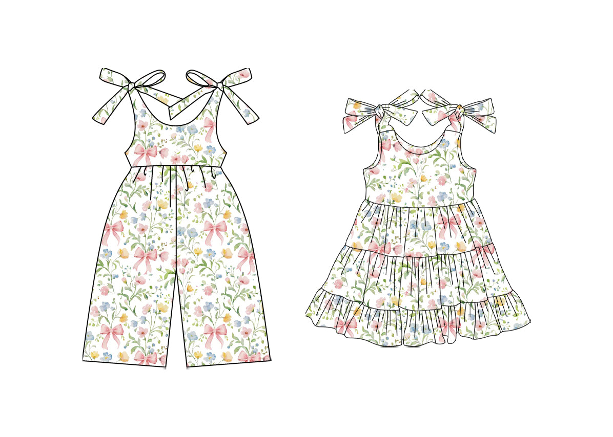 25.10.13 custom each style moq 5 eta 6-8week Sibling Sisters floral bow baby girl long sleeve dress and jumpsuit match family design