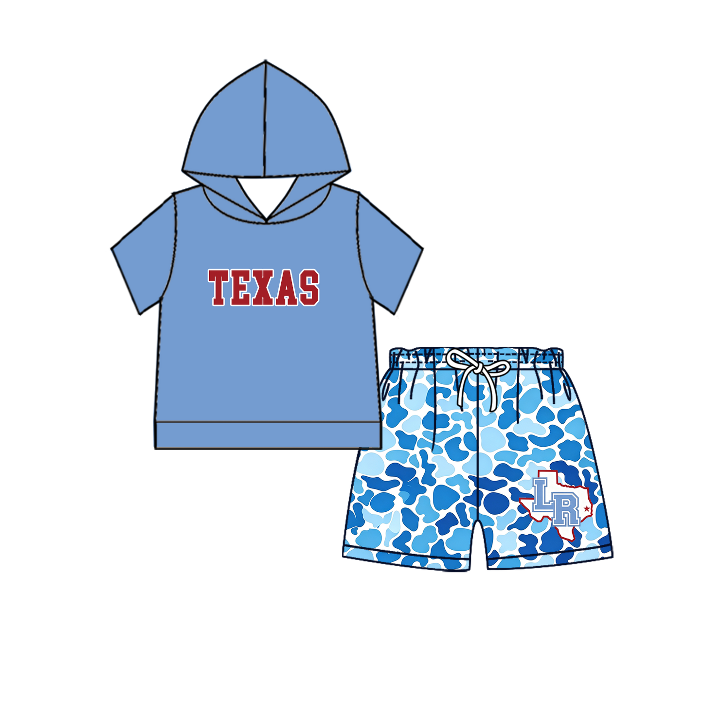 custom moq 5 mix size MSD071106 Baby Kids Short Sleeve Hooded Top Camo Elastic Waist Shorts Team Clothes Set