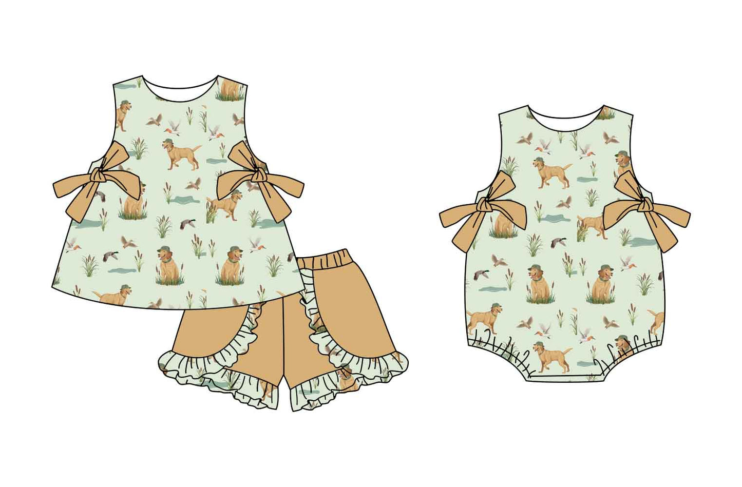 3.3 custom each style moq 5eta 4-6week Sibling Sister puppy duck baby girl short sleeve shorts sets and romper match design