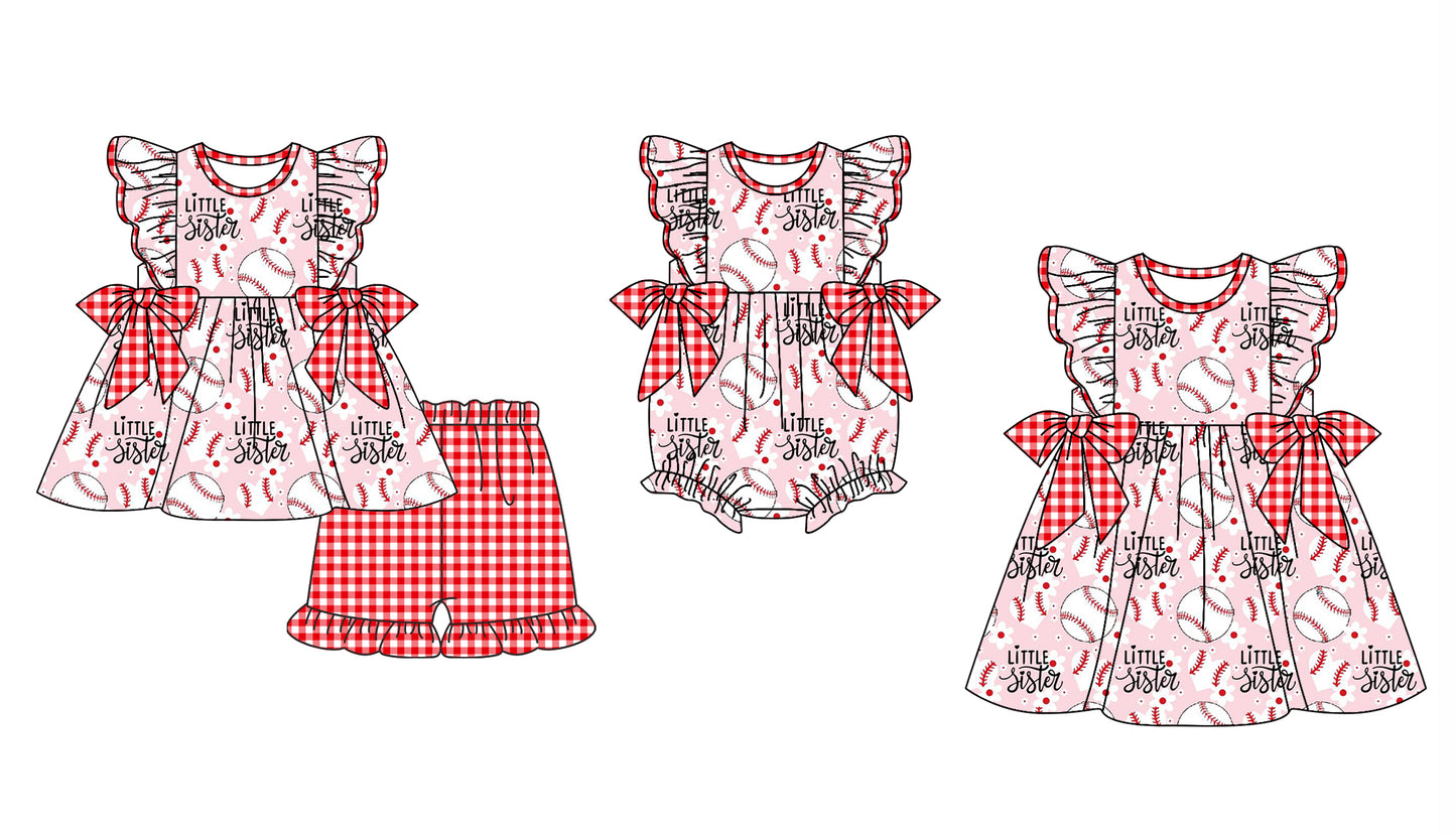 12.2 custom each style moq 5eta 4-6week Sibling Sister baseball baby girl short sleeve shorts sets and dress and rompers match family design