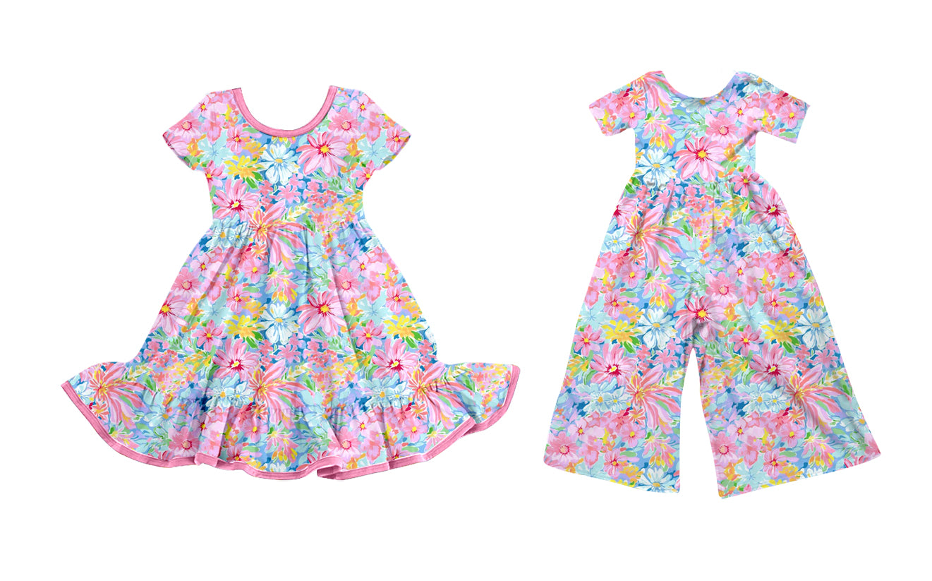 25.9.19 custom each style moq 8 eta 6-8week Sibling Sisters floral baby girl long sleeve dress and jumpsuit match family design