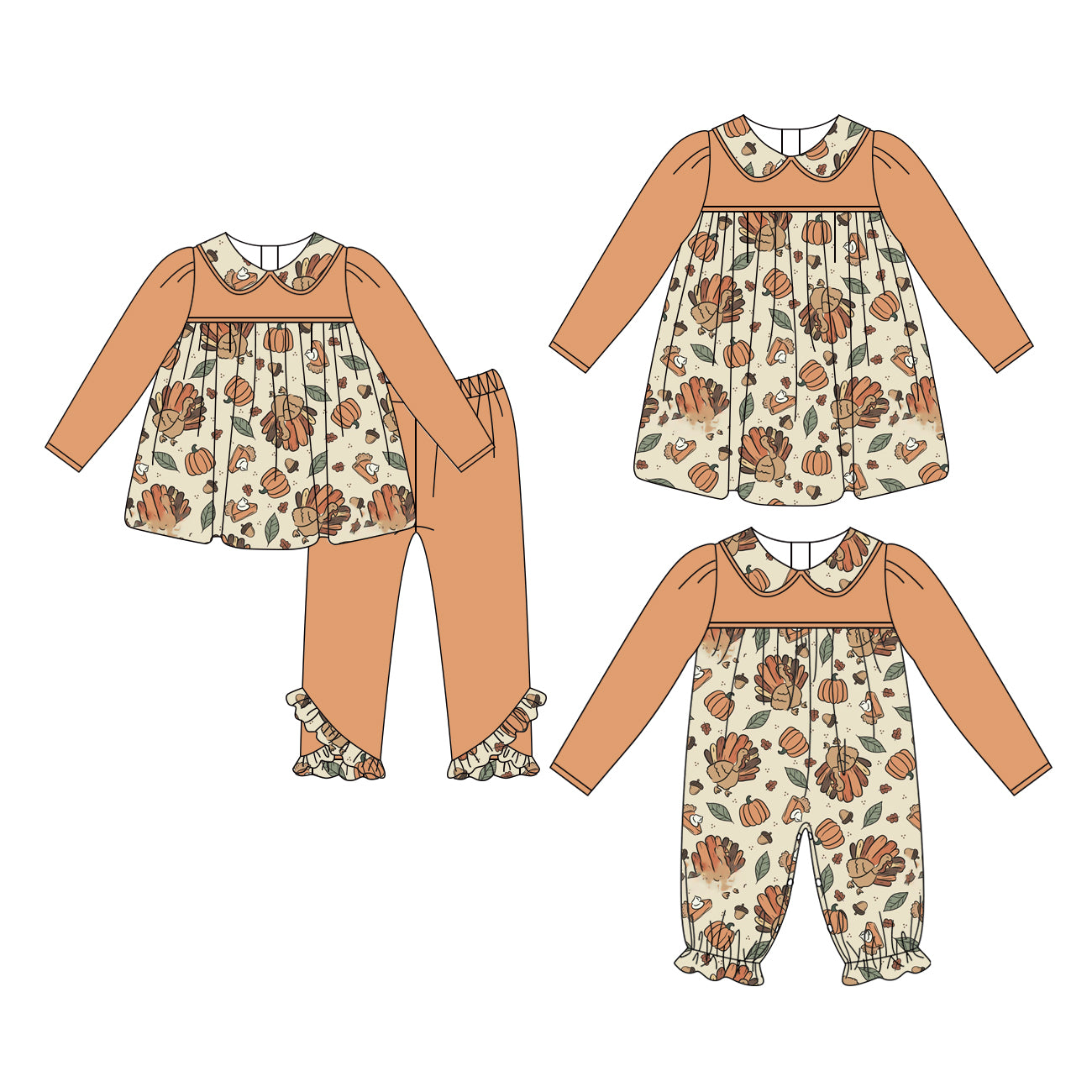 25.6.13 custom each style moq 5eta 4-6week Sibling Sisters pumpkin baby girl long sleeve pants sets and dress and rompers match family design
