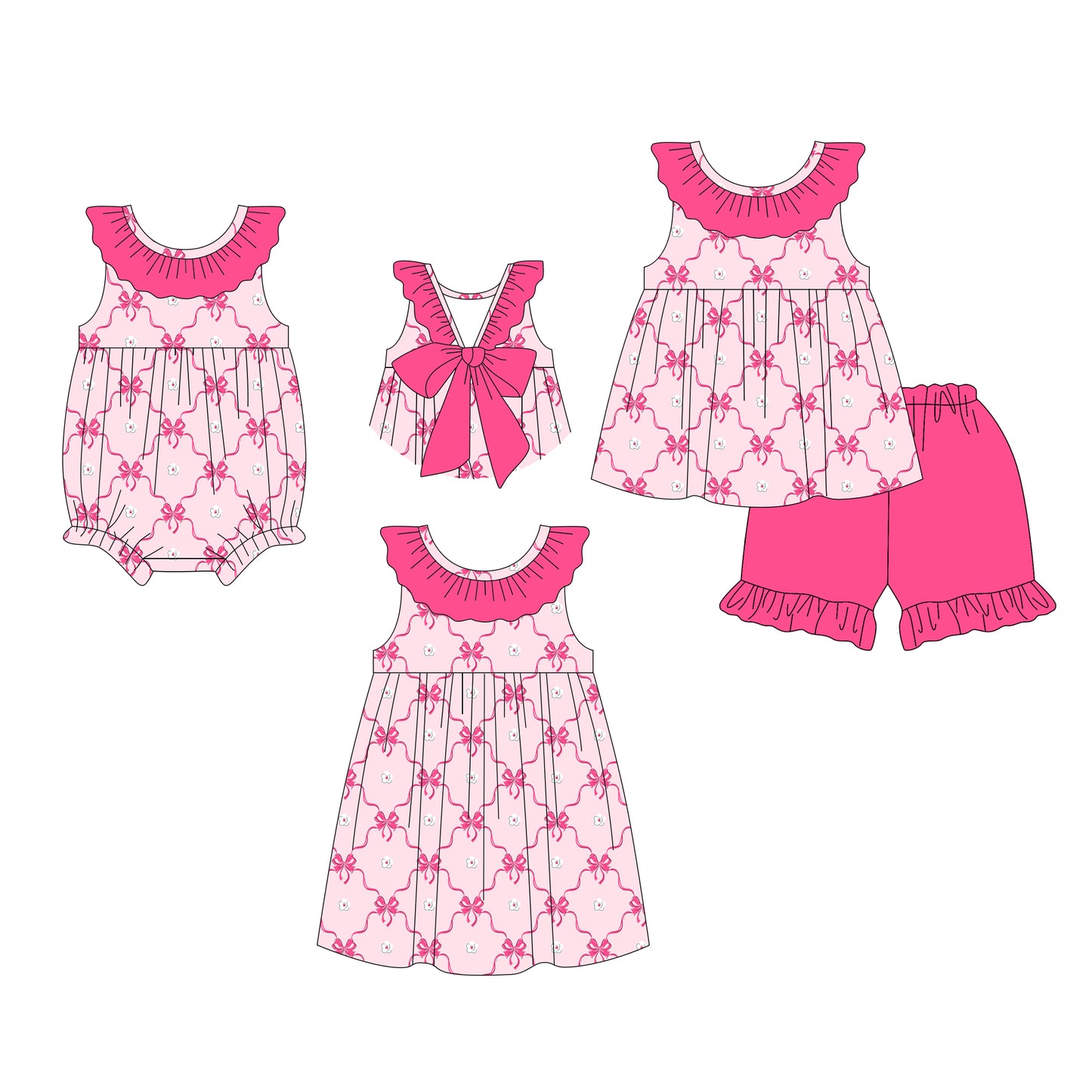 26.1.9 custom each style moq 5 eta 6-8week Sibling Sister bow baby short sleeve shorts sets and romper and dress match design