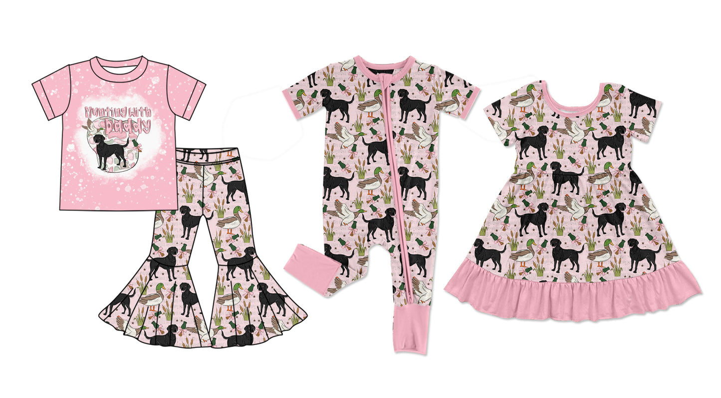 11.25 custom each style moq 5eta 4-6week Sibling Sister DADDY HUNTING duck baby girl sets and dress and rompers match family design