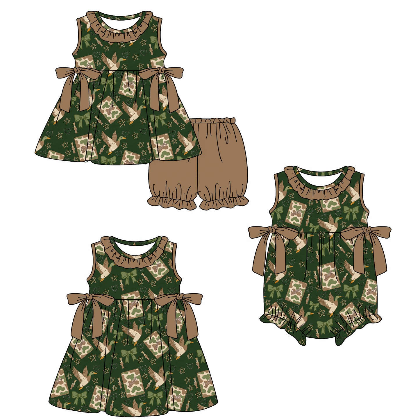 26.1.15 custom each style moq 5 eta 6-8week Sibling Sister camouflage duck baby short sleeve shorts sets and romper and dress match design