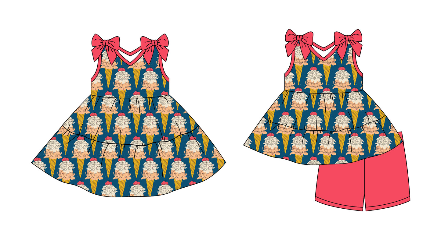 2.28 custom each style moq 5eta 4-6week Sibling Sister ice cream floral baby girl short sleeve shorts sets and dresses match design