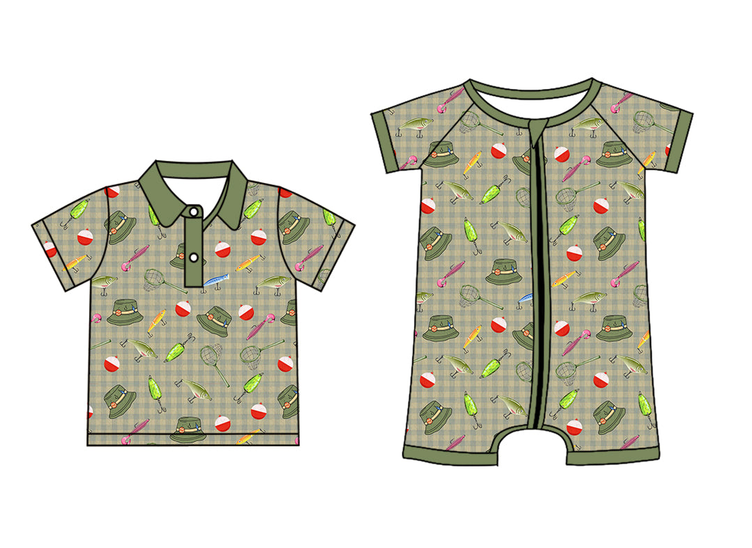 3.4 Custom moq 5 mix size Sibling Baby Boy's Green Plaid Short-Sleeved Polo Shirt Short-Sleeved Zip-Up Romper