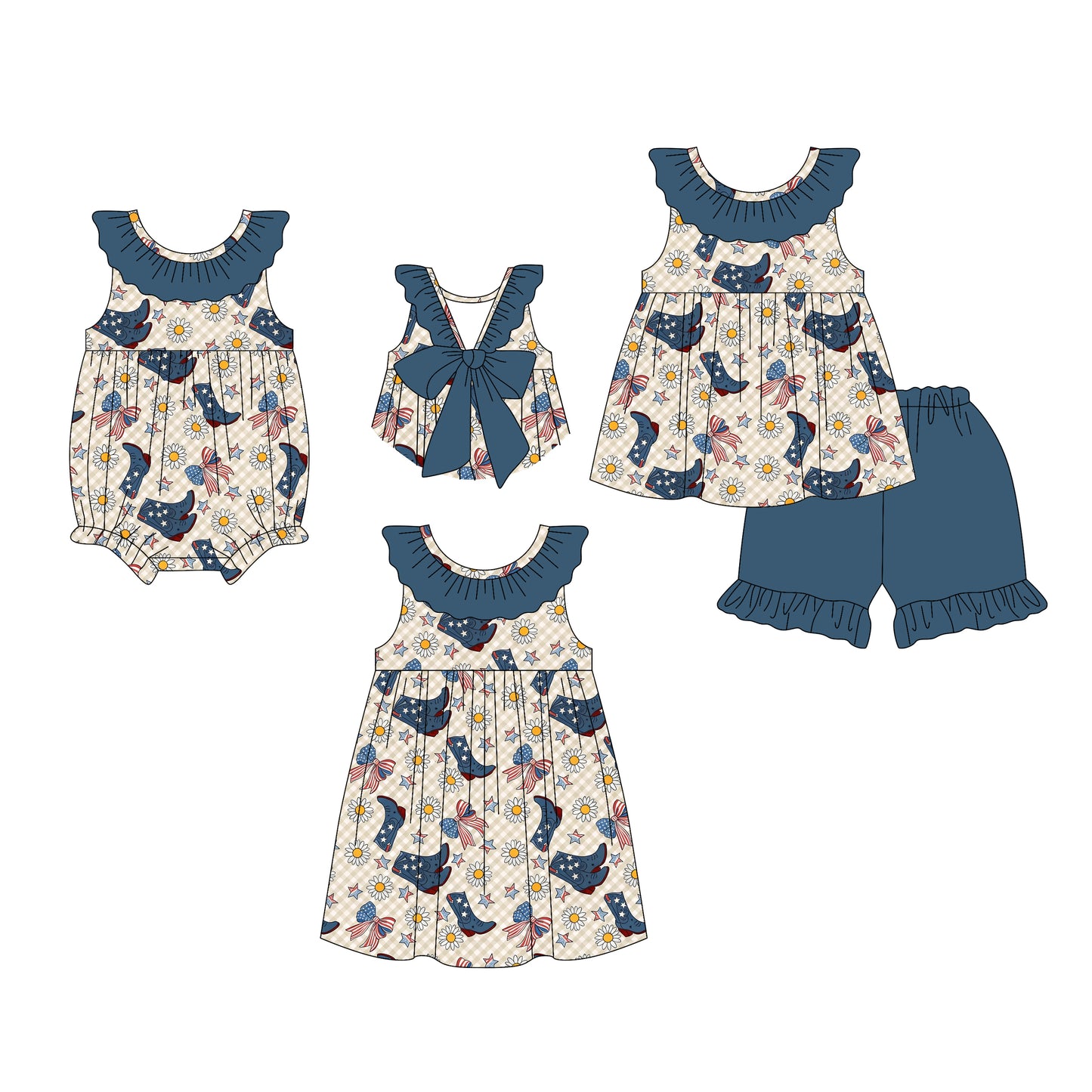 26.1.2 custom each style moq 5 eta 6-8week Sibling Sister flag bow baby short sleeve shorts sets and romper and dress match design